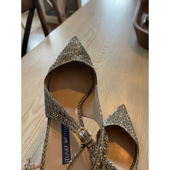 Stuart Weitzman Womens 75mm Slingback Heel Gold Bronze Glitter Crystal Mesh 9.5 - Picture 7 of 8